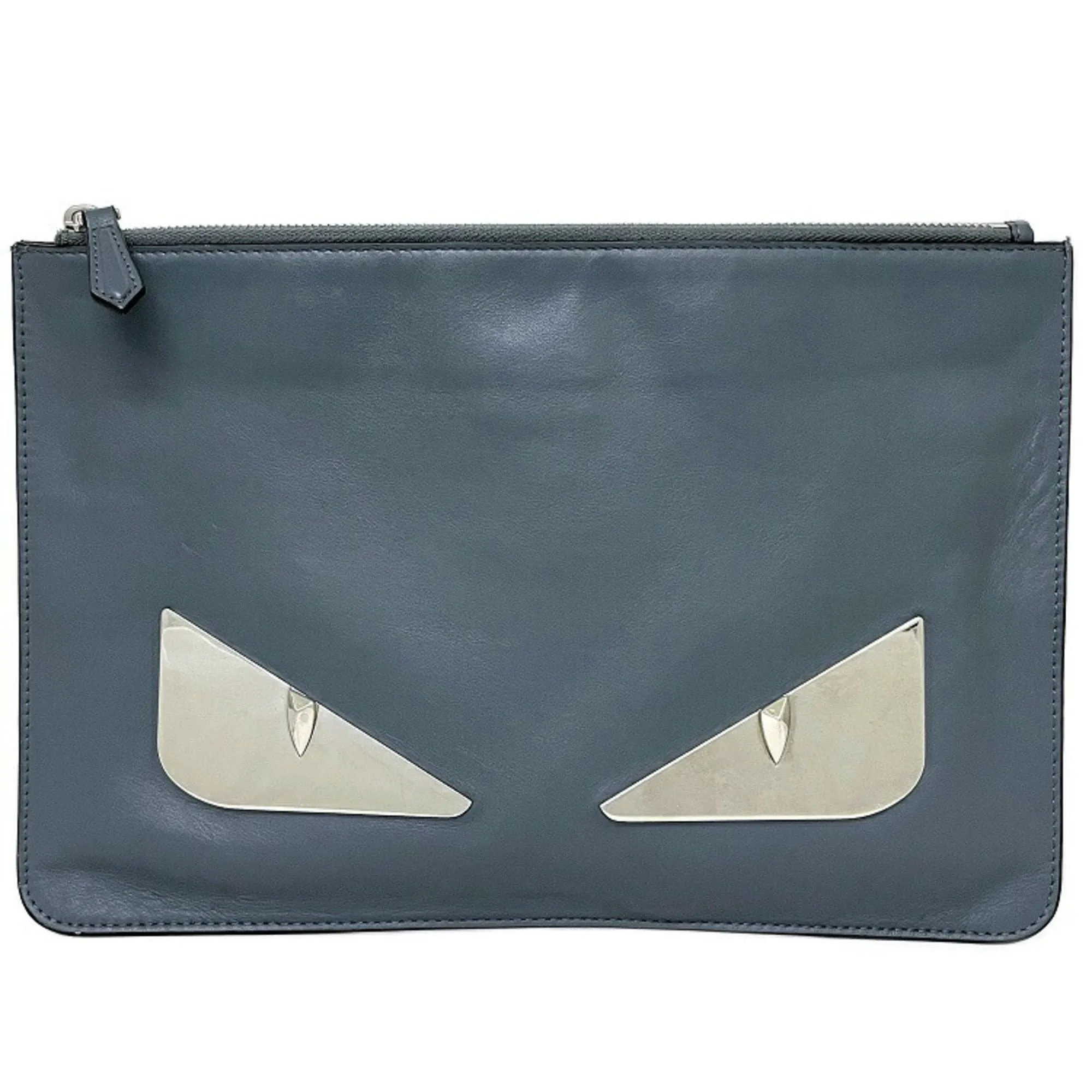 Fendi Clutch Bag Gray Silver Mon 7N0078 Plate Pouch Second Leather FENDI Women's Men's Dual