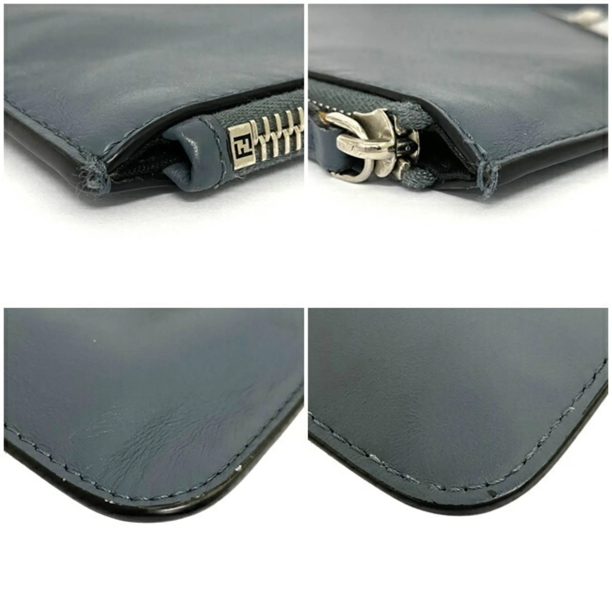 Fendi Clutch Bag Gray Silver Mon 7N0078 Plate Pouch Second Leather FENDI Women's Men's Dual