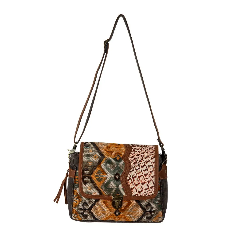 Myra Bag Seneca Falls Canvas, Leather, and Rug Messenger Bag Tote - 10.5" x 3" x 7.5"