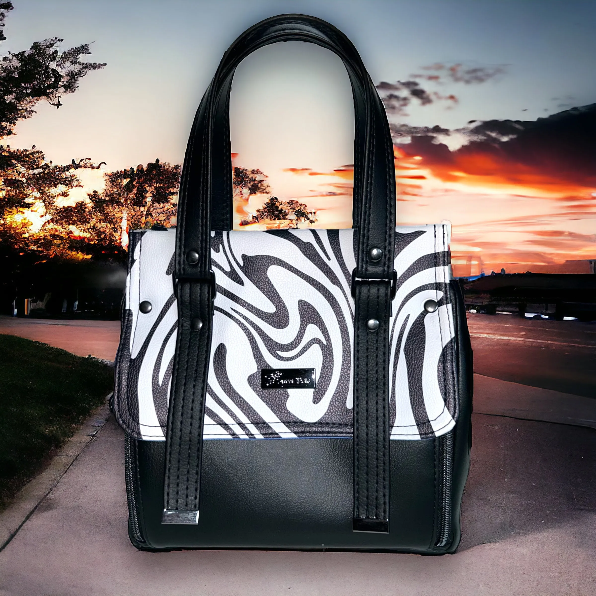 One of a Kind Handcrafted Black and White Handbag with Dual Zippered Pockets
