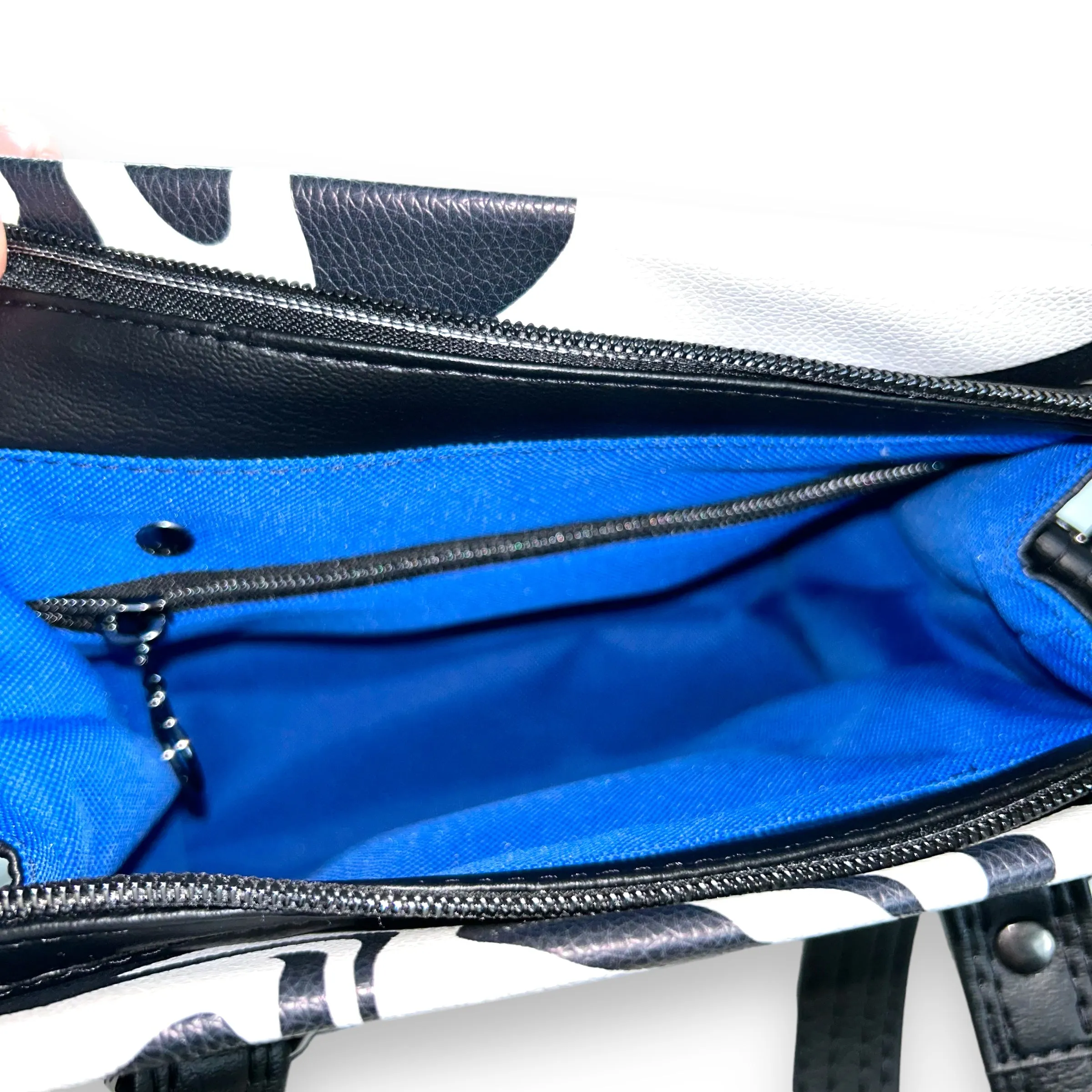 One of a Kind Handcrafted Black and White Handbag with Dual Zippered Pockets