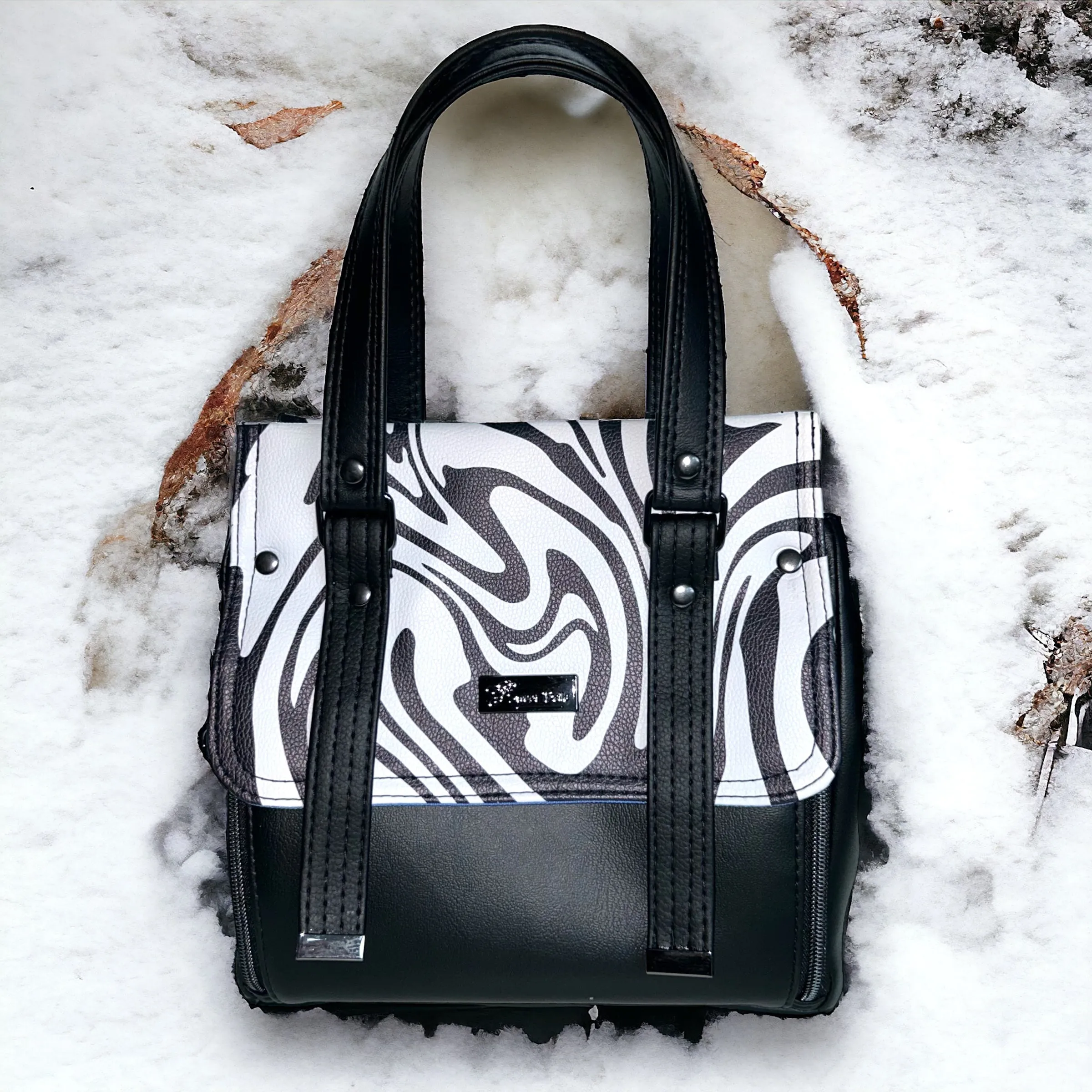 One of a Kind Handcrafted Black and White Handbag with Dual Zippered Pockets