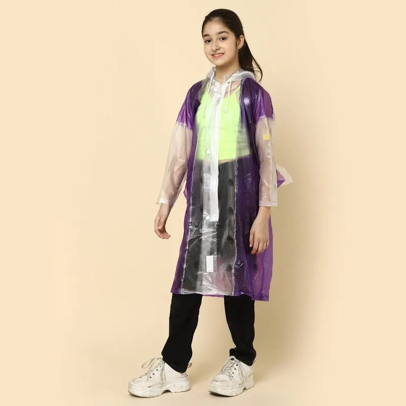 THE CLOWNFISH Archie Series Kids Waterproof PVC Longcoat with Adjustable Hood & Extra Space for Backpack/Schoolbag Holding. Plastic Pouch. Kid Age-10-11 years (Size-39-Green)