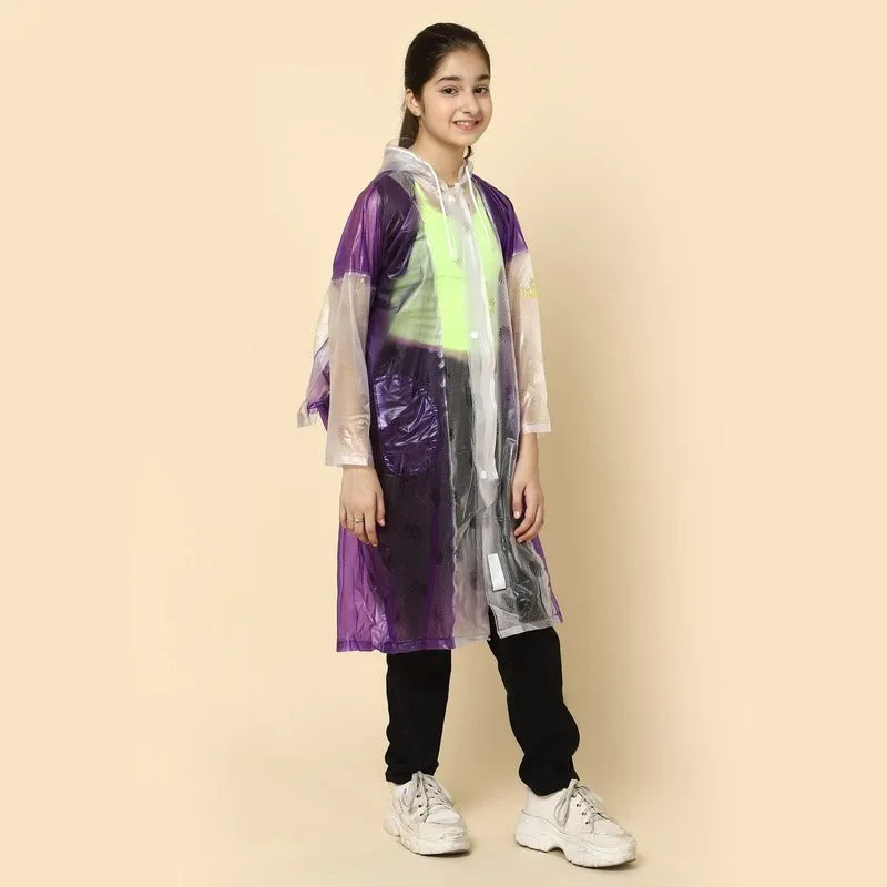 THE CLOWNFISH Archie Series Kids Waterproof PVC Longcoat with Adjustable Hood & Extra Space for Backpack/Schoolbag Holding. Plastic Pouch. Kid Age-10-11 years (Size-39-Green)